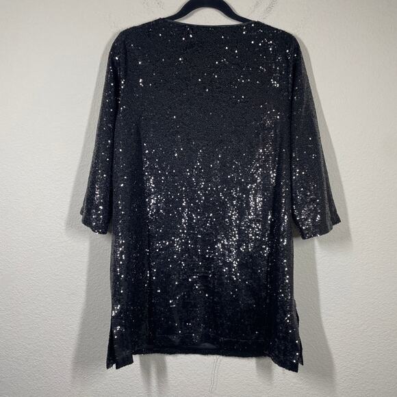 Joan Vass Womens Large/2 Sequin Easy Tunic Top Black Crew Neck 3/4 Sleeves - Picture 4 of 8